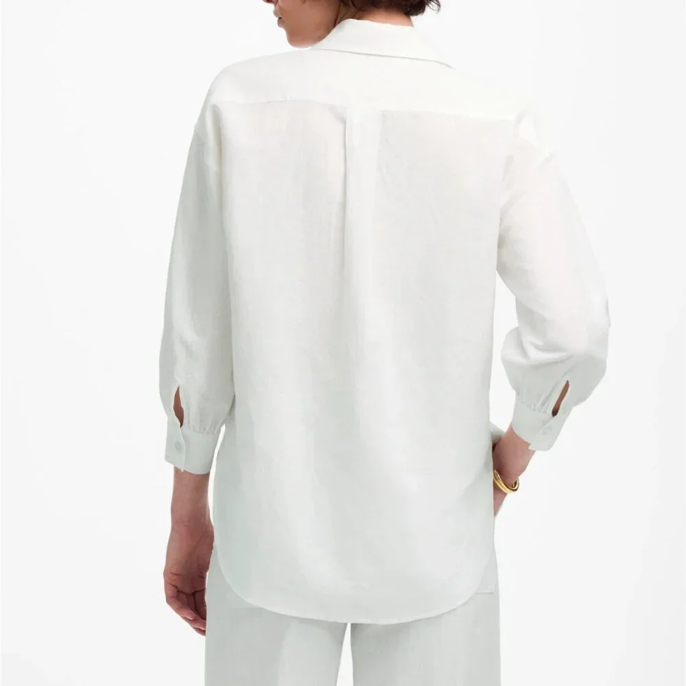 NWT Madewell Women's Sz S White Shirred Button-Up Shirt in Linen-Cotton NV186 - Picture 2 of 10